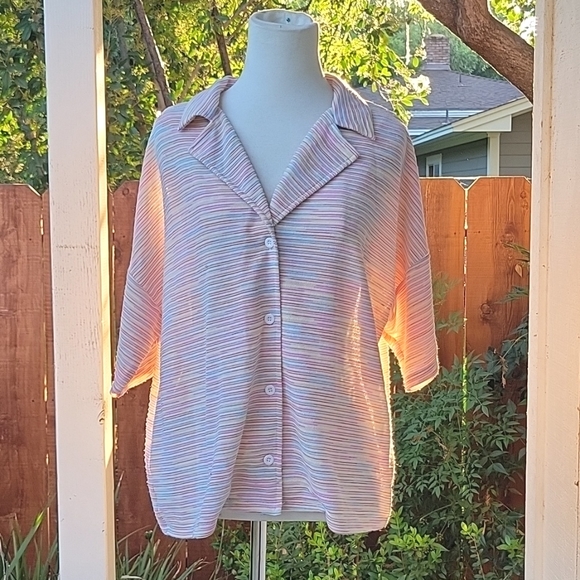 Le Lis Subtle Rainbow Striped Button Down Short Sleeve Top - Picture 7 of 11